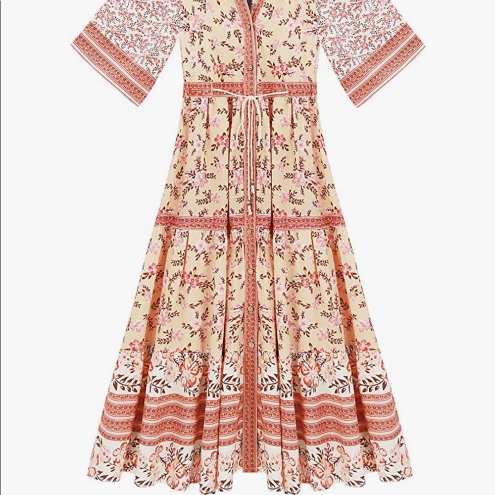 Cotton Printed Half Sleeve V Neck Flowy Midi Dress
